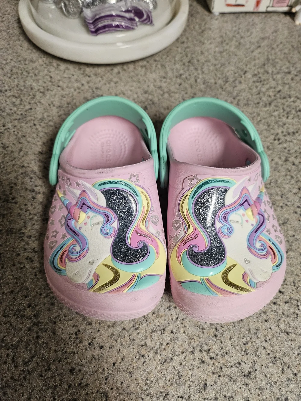 CROCS Kids Pink Unicorn Clogs with Mint Heel Strap and Glitter Detail